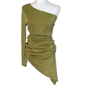 One Shoulder Asymmetrical Green Midi Dress